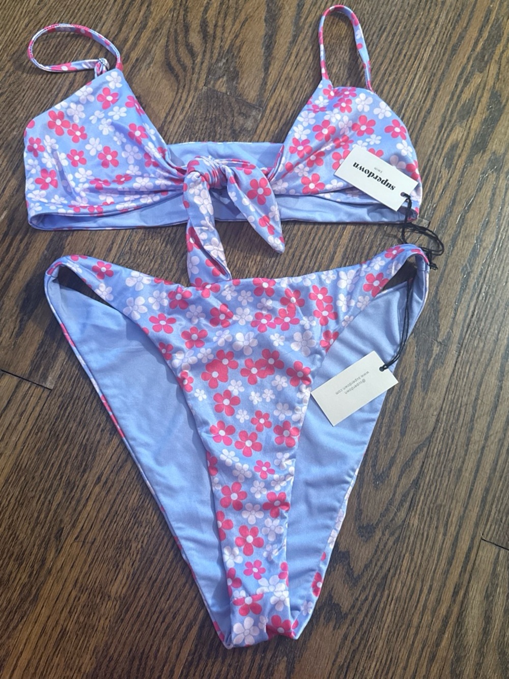NWT superdown Lilac Floral Two-Piece Swim Bikini with Pink Flowers